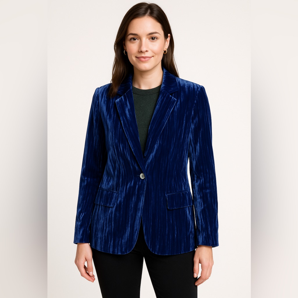 The Drop Crushed Velvet Blazer Xs Midnight Blue Single Button Jacket Minimalist